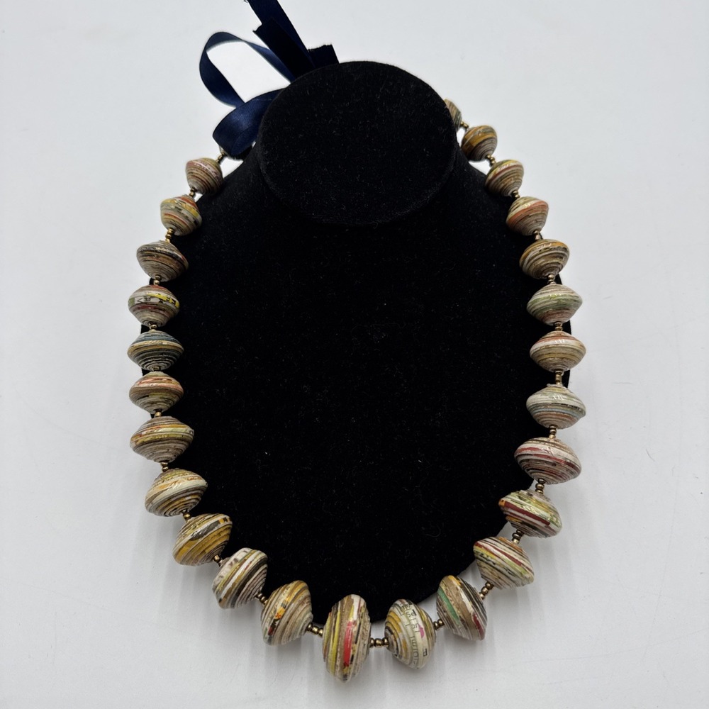 Rolled Paper Necklace Multicolored Beaded No Clasp Artisan Made Blue Tie Ribbon